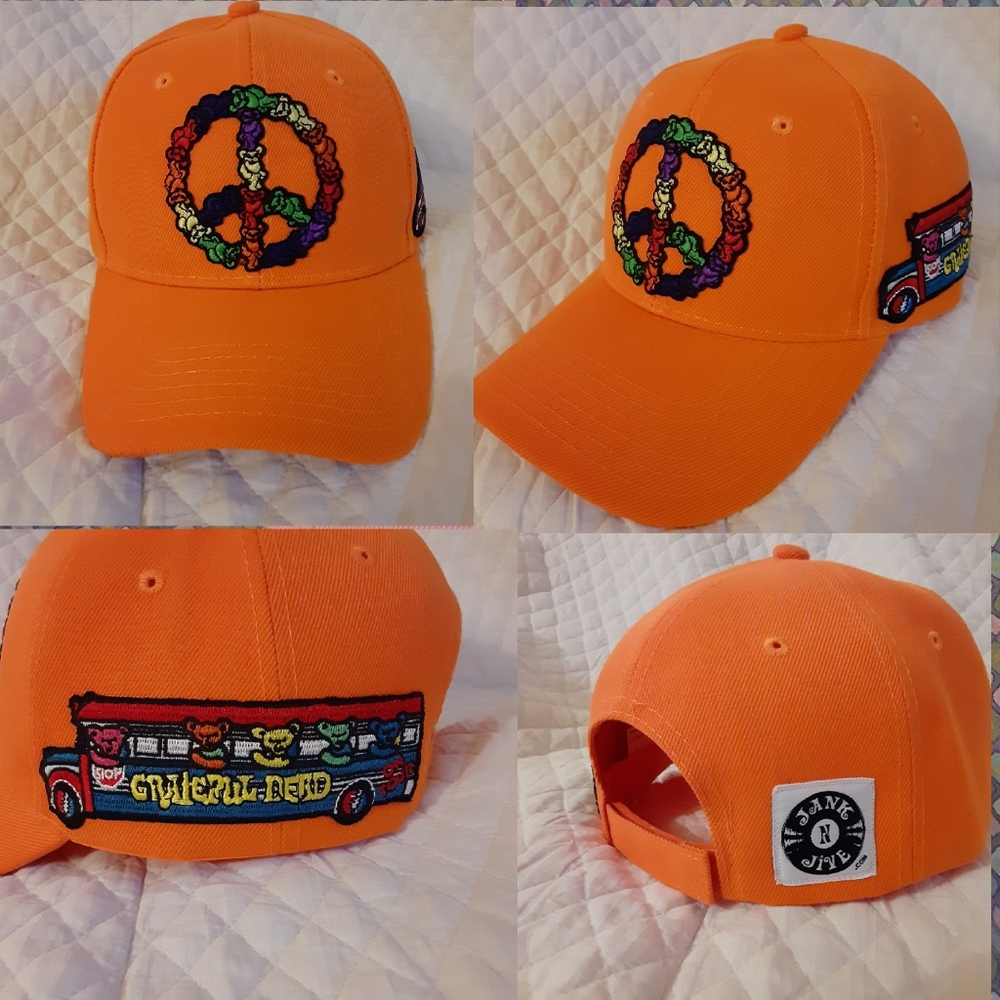 Grateful Dead hat, Orange Grateful Dead Tour Bus, dancing bear peace sign